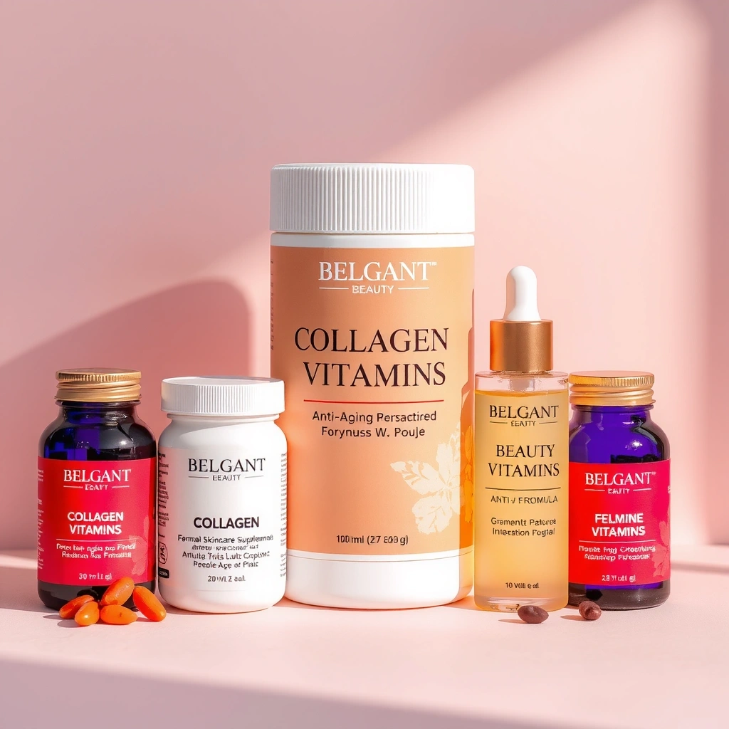 Female skincare and beauty supplements collection featuring collagen and beauty vitamins